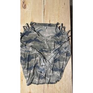 Express One Eleven Womens Large Camo Lattice Back Cold Shoulder Long Sleeve Top
